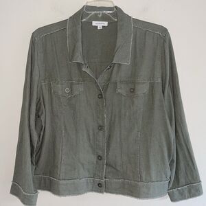 Calligraphie Olive Green Jacket Plus Size 2X Linen Blend Collared Fringe Trim
